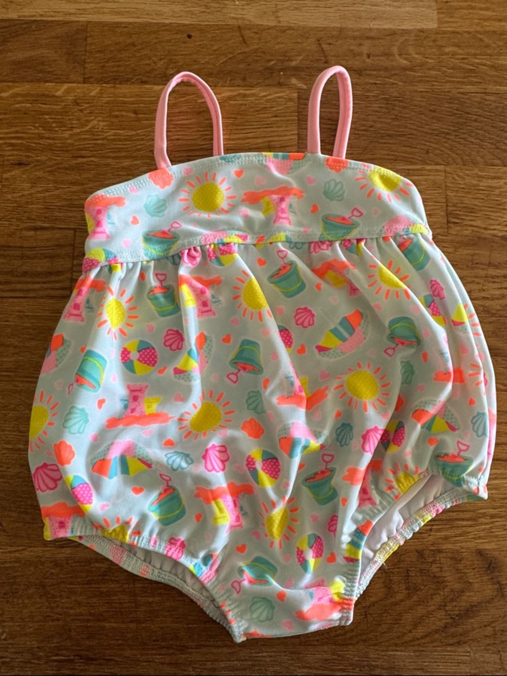 healthtex Toddler One-Piece Swimsuit in Light Blue with Neon Beach Print